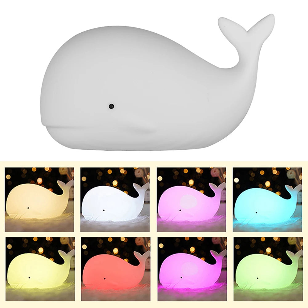 LED Night Lights Cartoon Whale Shape Silicone Patting Lamp USB Charging Atmosphere Lamps Bedside Decor for Kids Baby Gifts