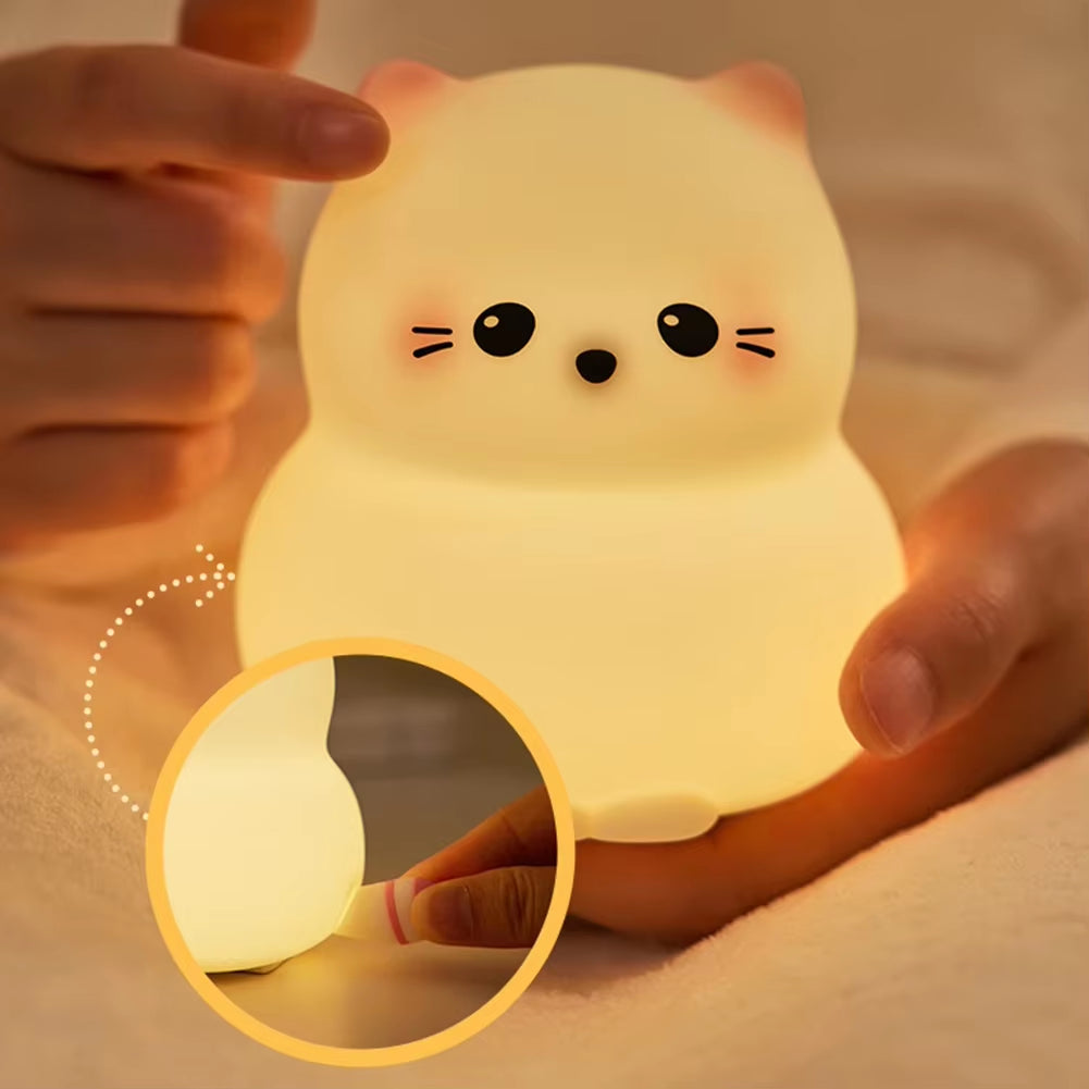 Guardian Kitty Silicone LED Night Lights USB Rechargeable Sleep Night Lamp Timing Bedside Room Decor Kids Baby Nightlight Gift