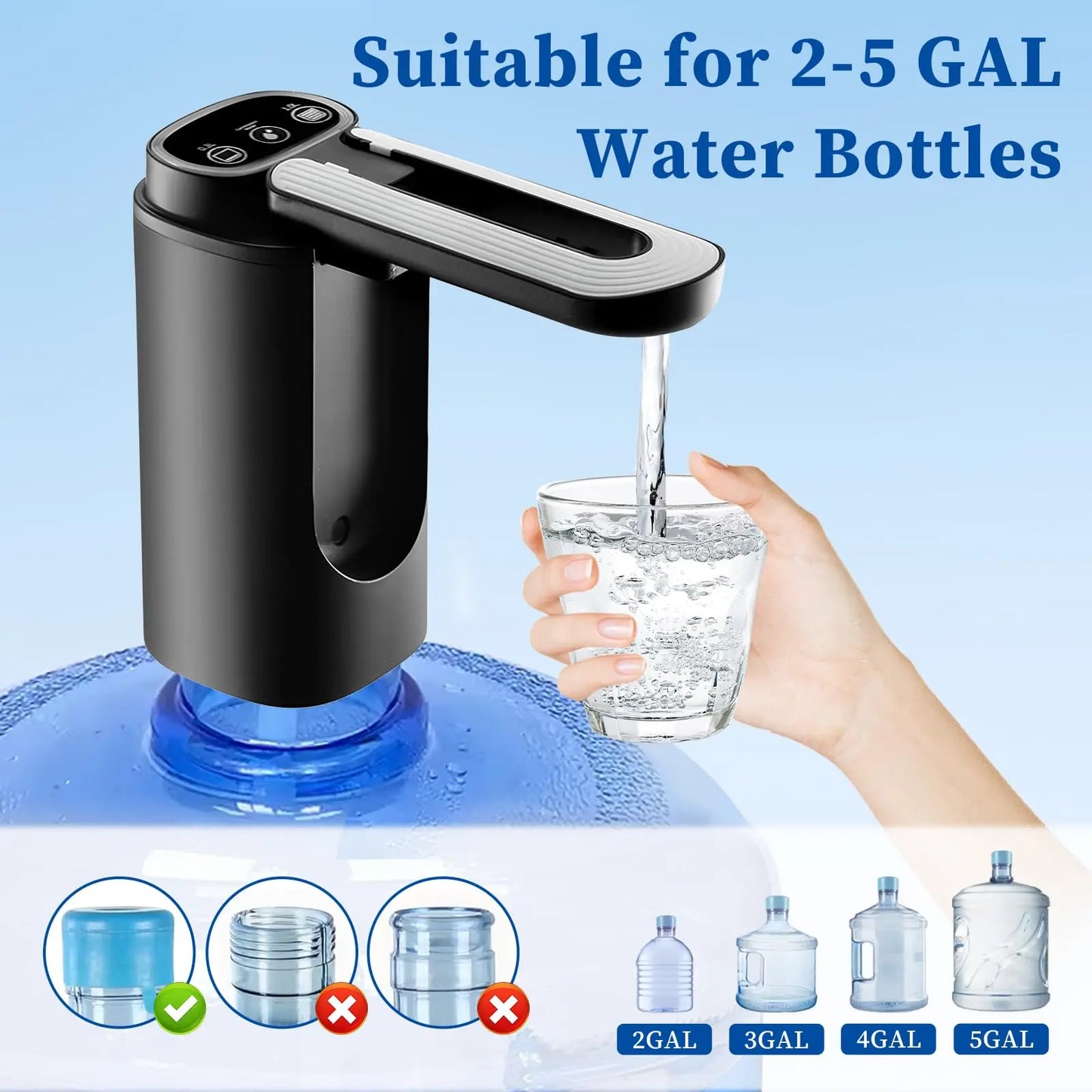 Water Bottle Pump Automatic Water Dispenser for 5 Gallon Bottle Type-C Charging Portable Electric Water Dispenser Pump (Black)