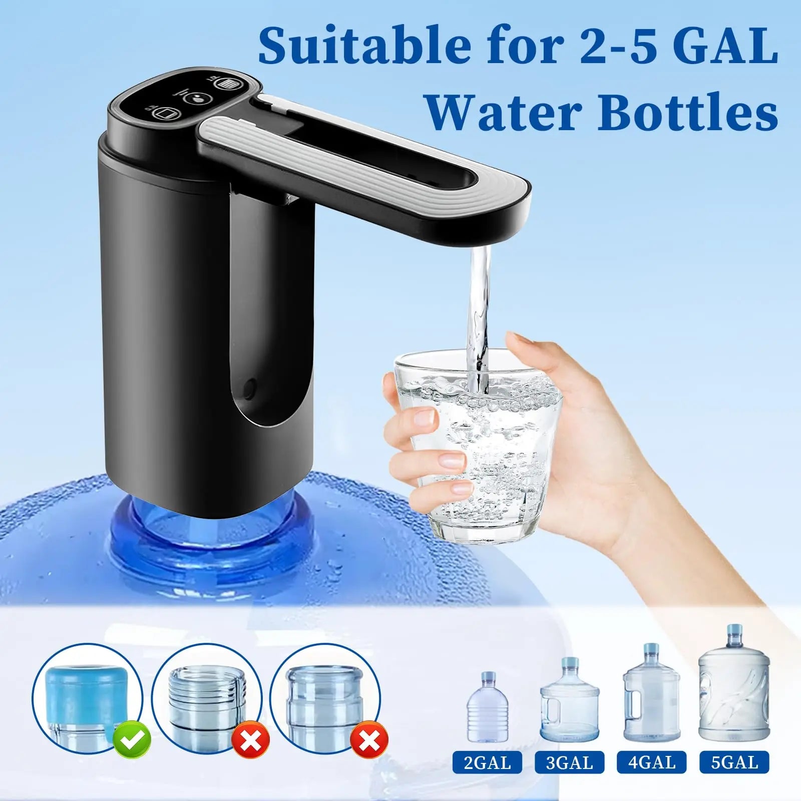 Water Bottle Pump Automatic Water Dispenser for 5 Gallon Bottle Type-C Charging Portable Electric Water Dispenser Pump (Black)