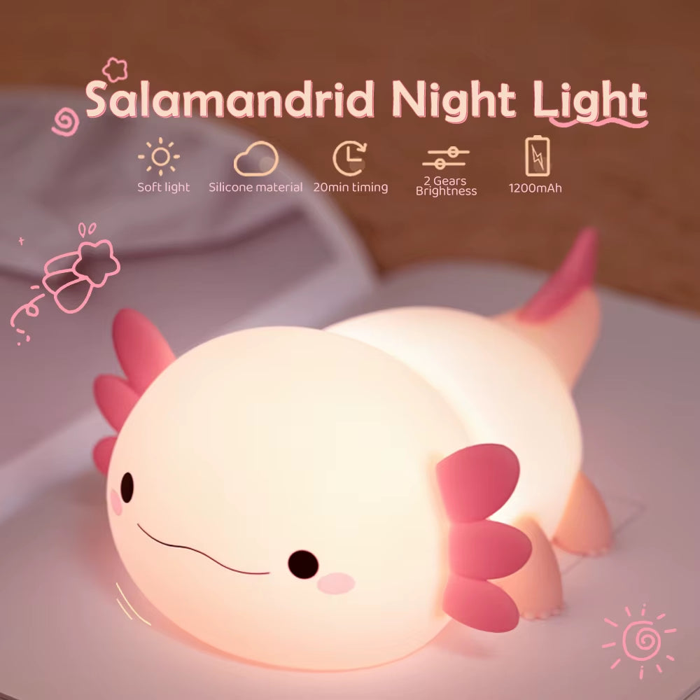 LED Cute Axolotl Silicone Light Animal Silicone Nursery Night Lamp USB Bedside Lamprechargeable Kids Bedroom Dimmable Gift Decor